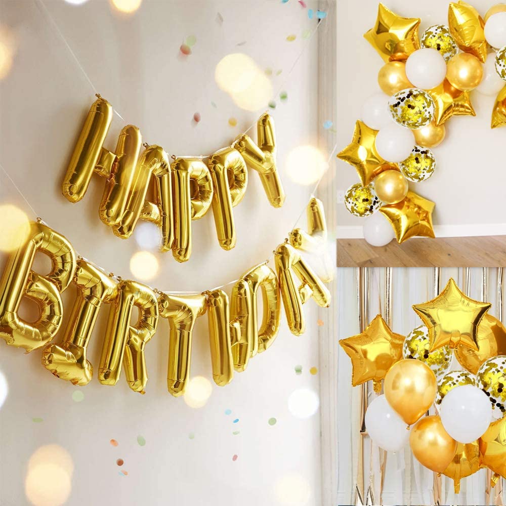 iZoeL Gold Birthday Party Decoration Happy Birthday Banner Balloon Gold Triangle Flag Bunting Heart Star Confetti Balloons Cake Toppers Birthday Party Supplies for Man Woman Wedding Anniversary
