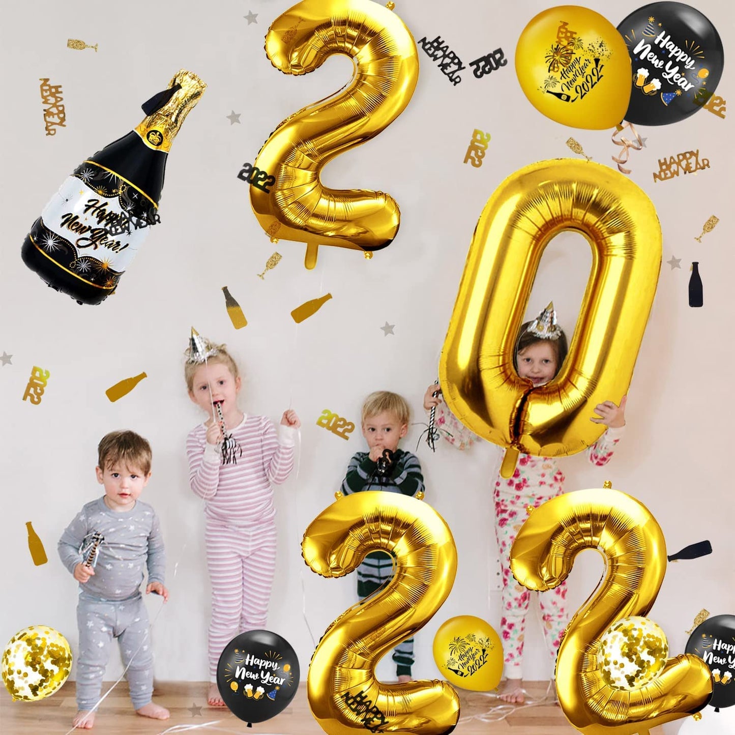 iZoeL Happy New Year Decorations 2022 XXL, Black Gold Happy New Year Banner, 32'' 2022 Numbers, Bottle Champagne Balloons, 2022 Confettis