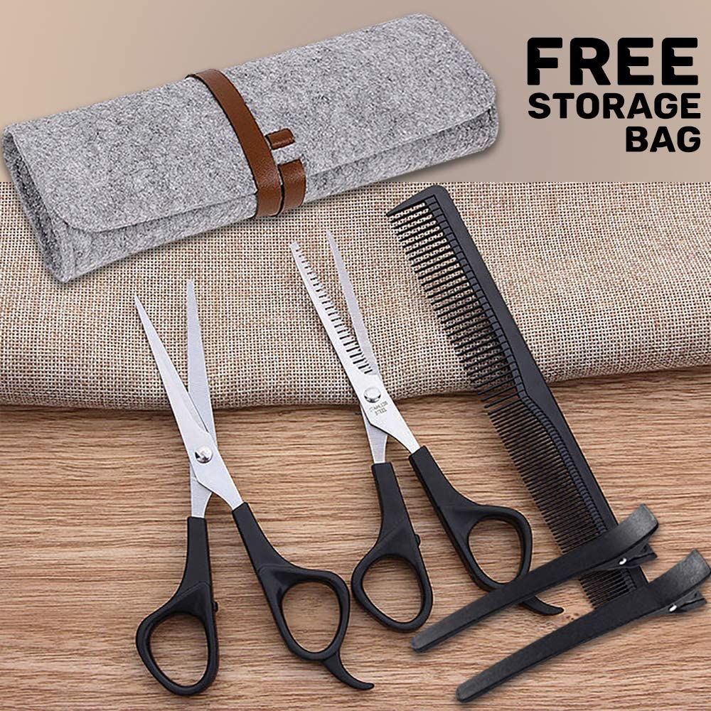 iZoeL Black Hair Scissor kit, Hairdressing Scissors, Professional Hairdresser Scissors Stainless Steel Thinning hair shears barber scissors Storage bag Comb Clips - Hair Cutting Beard Home Use
