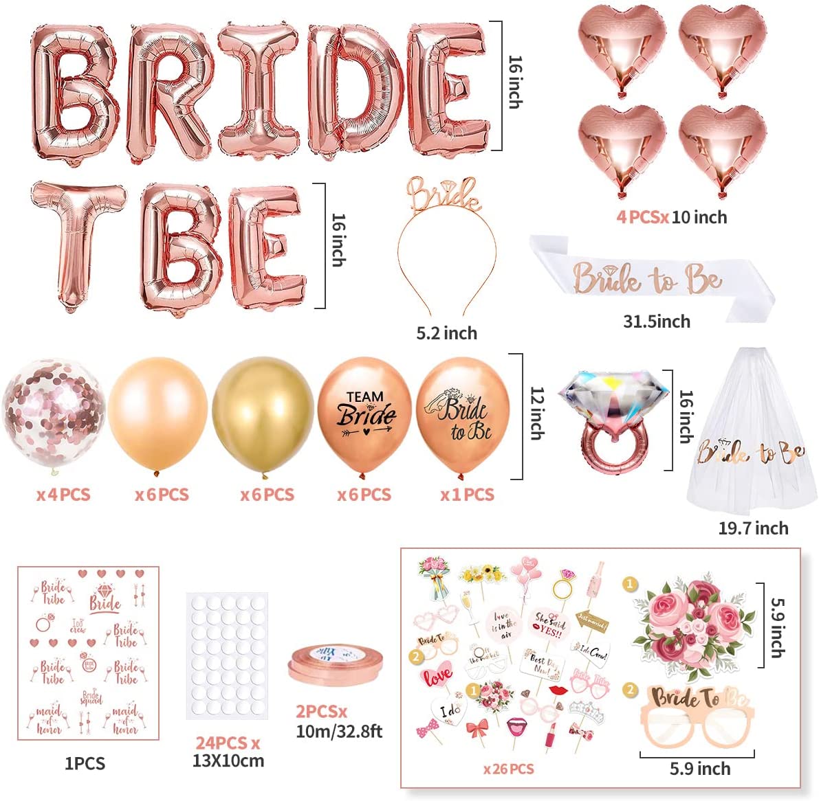 iZoeL Hen Party Decoration, Hen Party Accessories, 26 Hen Party Photobooth Props Sash Bride To Be Banner Balloons Veil Bride Headband Tiara Tattoos Team Bride- Hen Do -Rose Gold