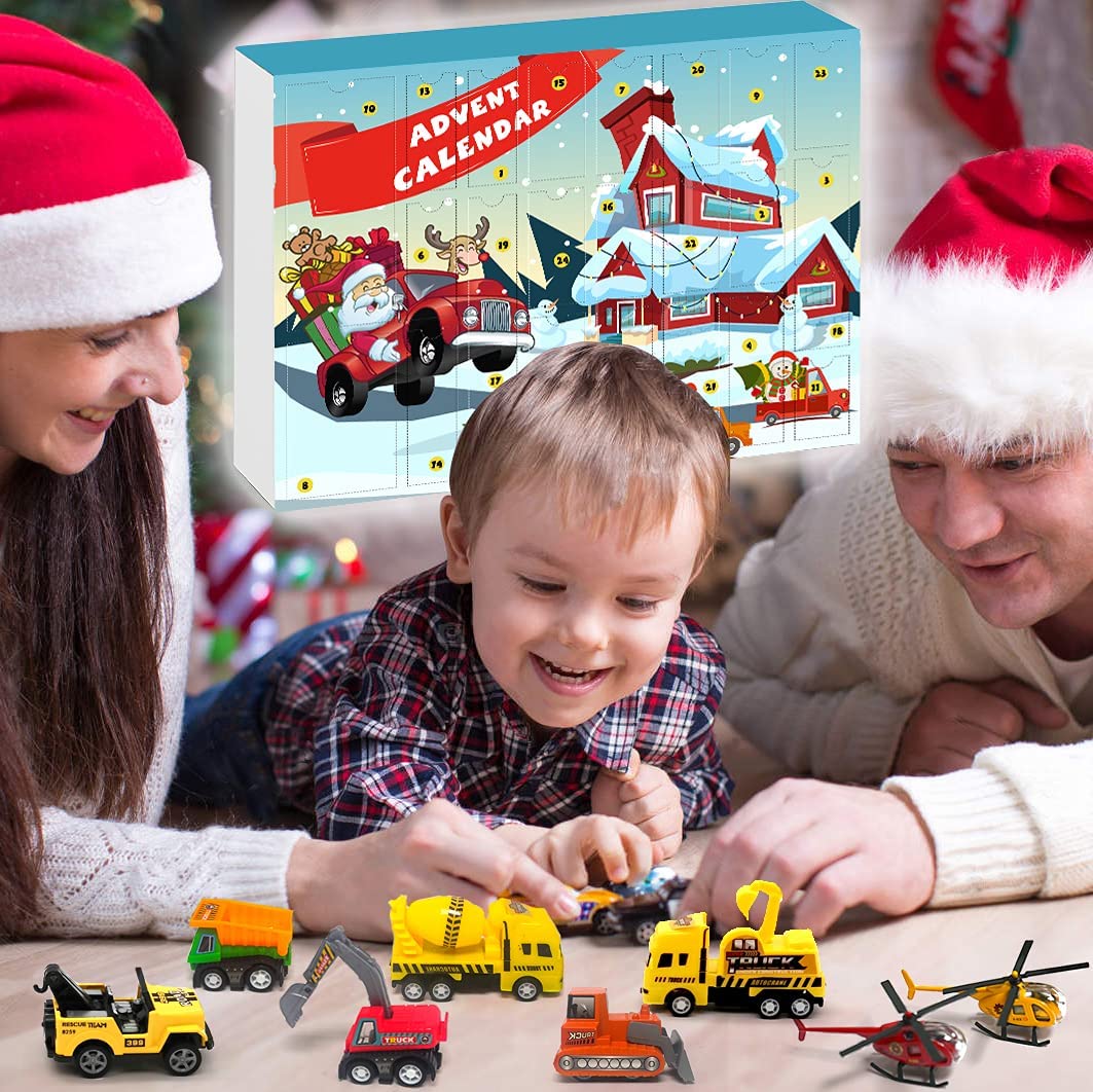 iZoeL Cars Advent Calendar Boy Kids 2021, 24 Pull Back Vehicles as Construction Vehicles School Cars Crane with Game Map for Son Grandson - 24 Christmas Countdown Days to Holiday, Xmas Surprise Gift