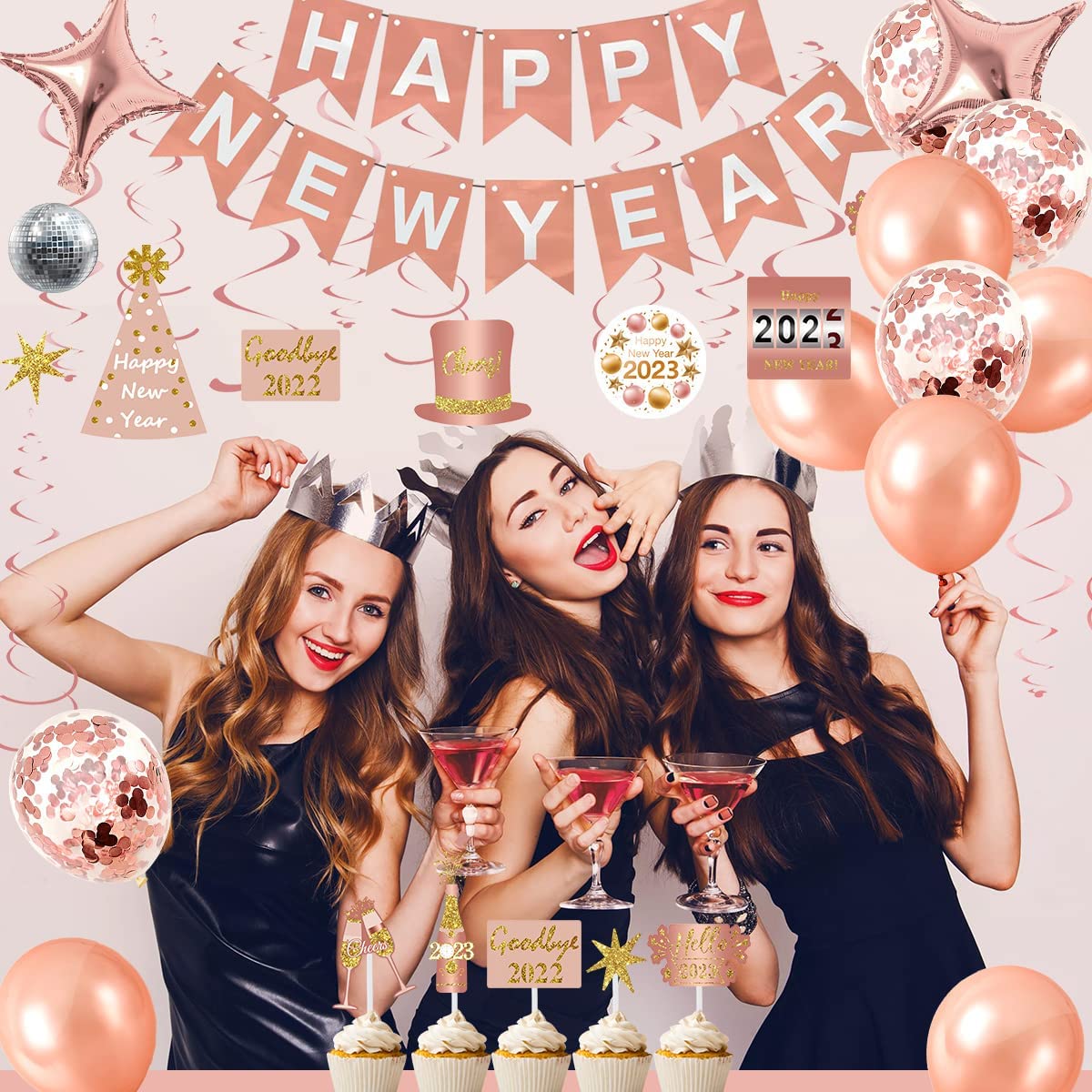 iZoeL New Years Decorations 2023 Eve Party Supplies - Rose Gold 2023 Balloons New Year Hanging Swirl New Year Cake Topper Happy New Year Balloons - 2023 New Years Party Favors