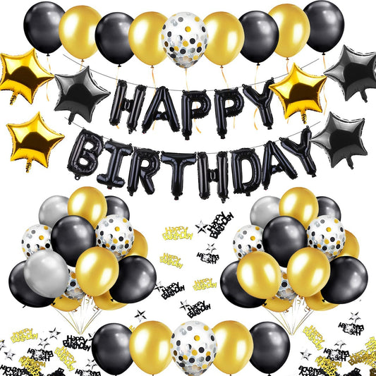 iZoeL Black Gold Birthday Decorations for Men Women Boys, 13pcs Happy Birthday Banner Balloon, 6pcs Star Balloons, 40pcs Latex Confetti Balloons plus 10g Table Confetti, Party Accessories