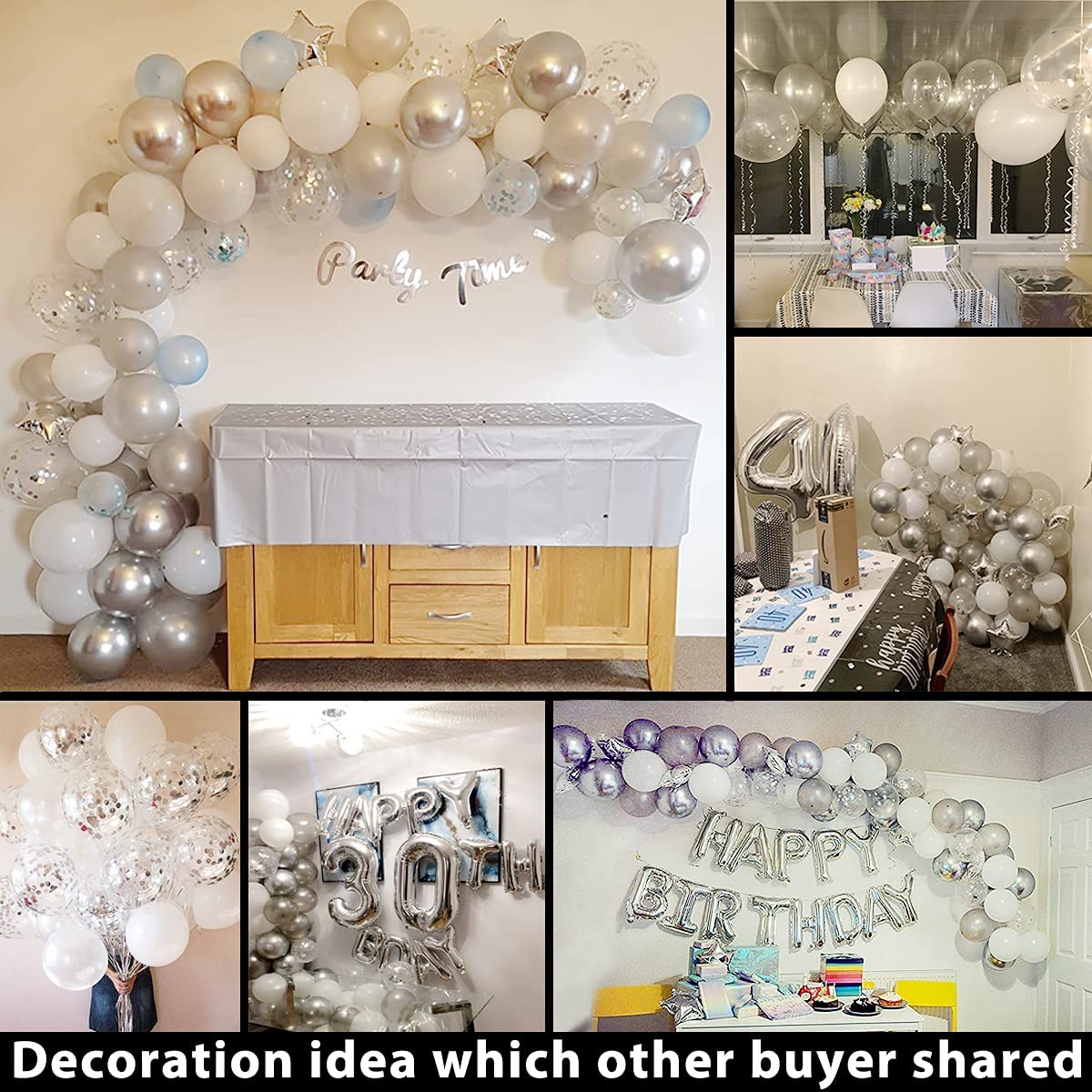 iZoeL Silver Birthday Party Decoration Silver Balloon Arch Garland Kit 113pcs Happy Birthday Banner Latex Confetti Foil Balloon Tape Strips Tie Tools Flower Clips Kid Boy Girl Man Woman