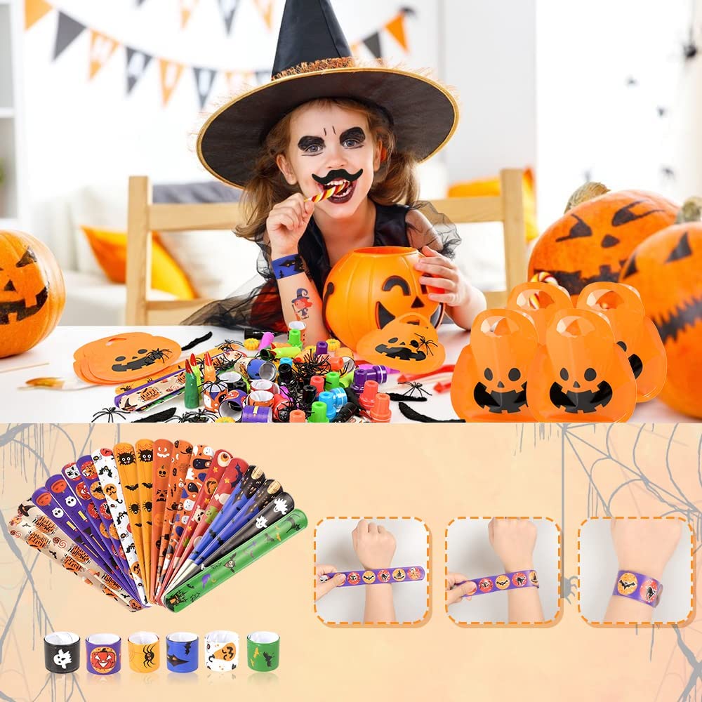 iZoeL 18 Set Spooky Halloween Toys for Kids Halloween Party Bag Fillers with Pumpkin Halloween Sweet Bags Slap Bracelet Stampers Tattoos Finger Halloween Spiders- Halloween Party Favours