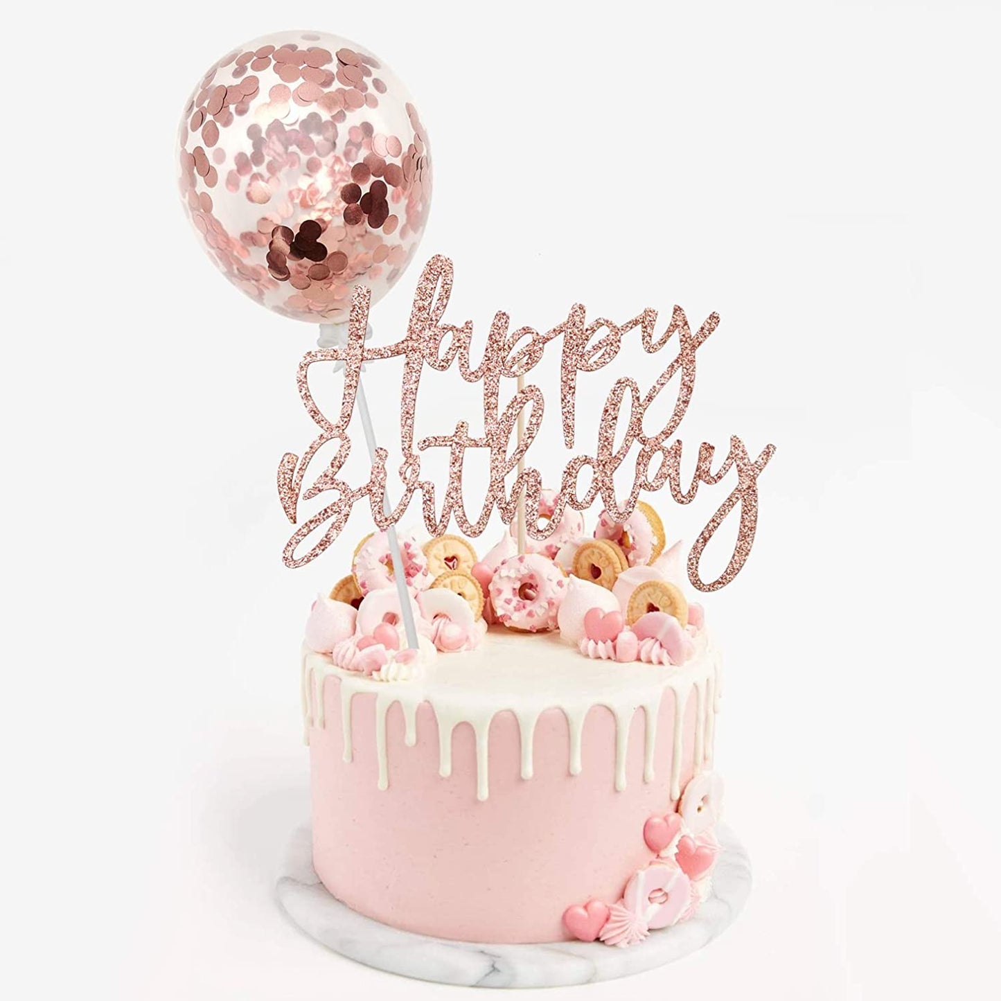 iZoeL Rose Gold Cake Decoration Confetti Balloon Cake Topper 5inch for Women Girls Rose Gold Happy Birthday Banner Stars Heart Cupcake Topper (rose gold)