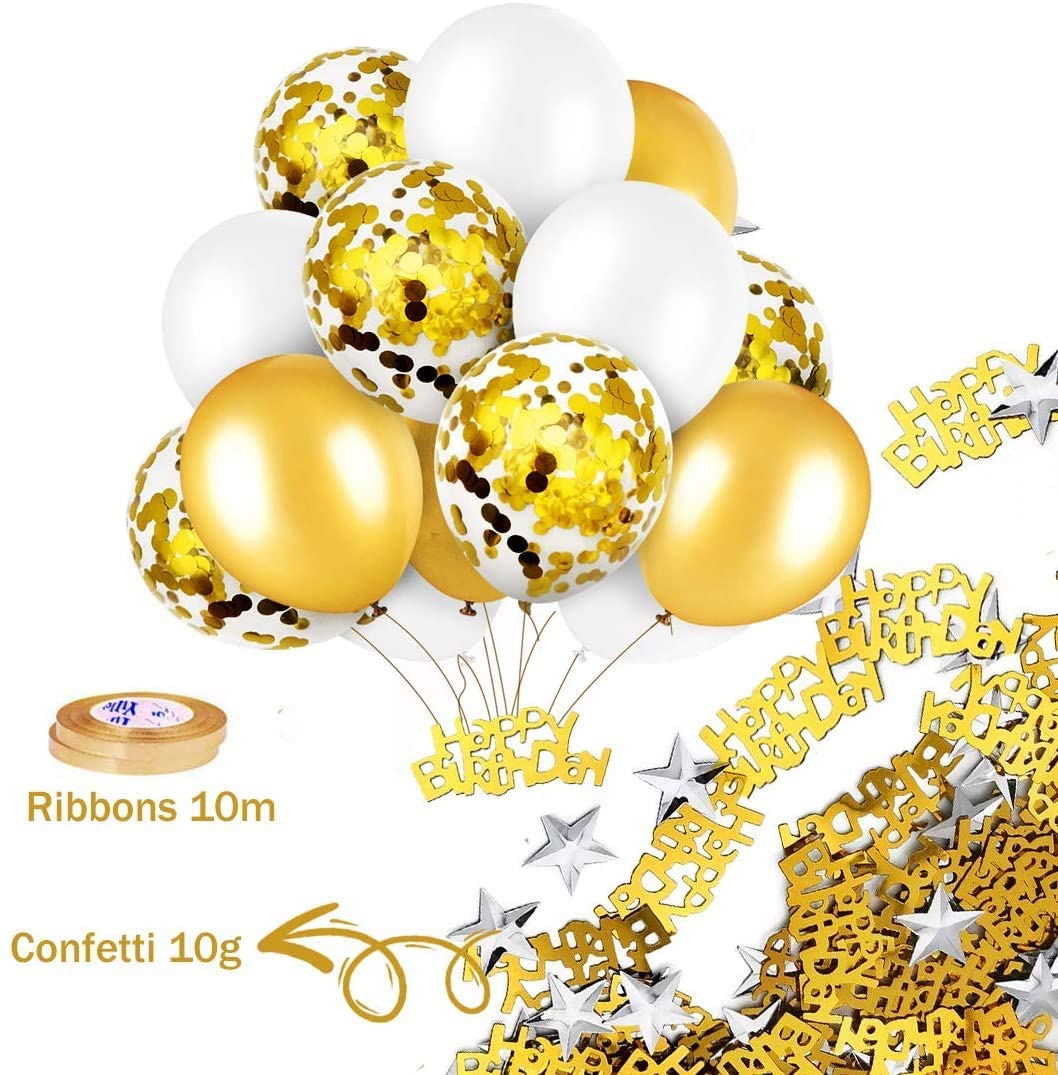 iZoeL Gold Birthday Party Decoration Happy Birthday Banner Balloons Fringe Curtain Foil Tablecloth Heart Star Foil Confetti Balloons and 10g Table Confetti for Man Women Birthday Party