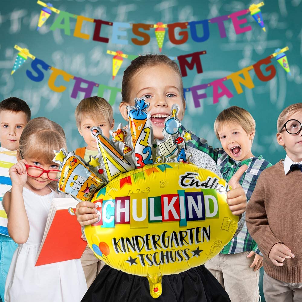 iZoeL School Decoration Boy Girl Finally School Child Foil Balloon "Alles Gute zum Schulanfang" Garland Balloon School Decoration