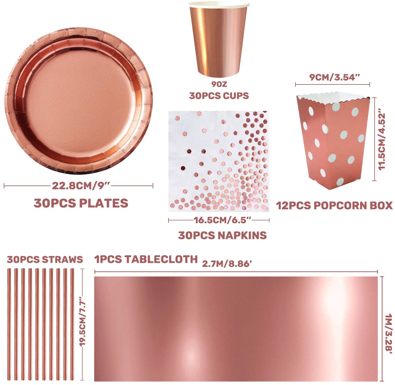 iZoeL 30 Guests Rose Gold Party Tableware Rose Gold Dinnerware Foil Tablecloth Paper Plates Napkins Popcorn Boxes Cups Straws Party Supplies for Birthday Bridal Wedding Anniversary