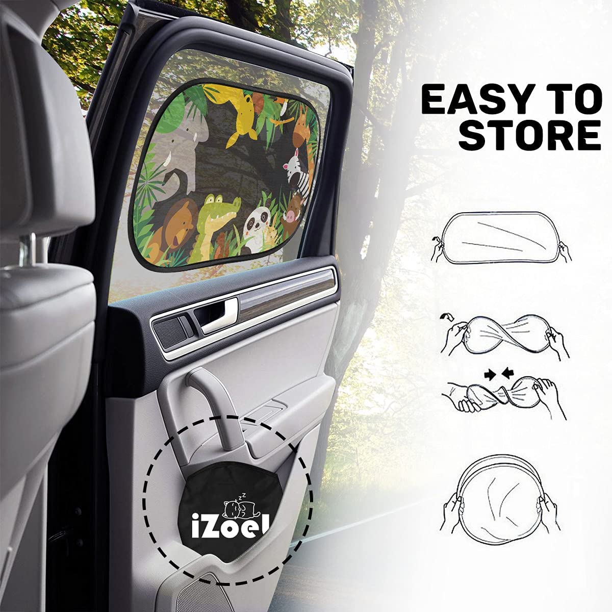 iZoeL Car Sun Shade for Baby Kids 2 Pack, Static Cling Side Window Car Annimal, 80GSM Rear Sunshades Universal with 8 Suction Cups and Storage Bag - Sun Glare and UV Rays Protection