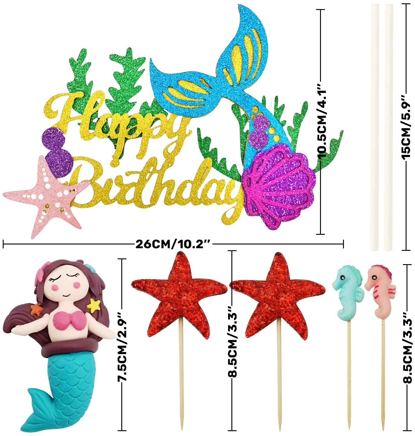 iZoeL 29pcs Mermaid Cake Topper, Seahorse Mermaid Tail Seaweed Starfish Cupcake, Happy Birthday Banner Cake Decoration For Girl Kid Baby Ocean Birthday party Baby Shower