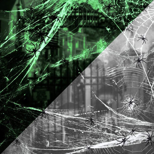 iZoeL 1000sqft Stretchable Spider Web Glow in the Dark with 90pcs Plastic Spider White Cobweb for Halloween Decoration Night Party Decoration - 300 Gram (Night Luminous Spider Web)