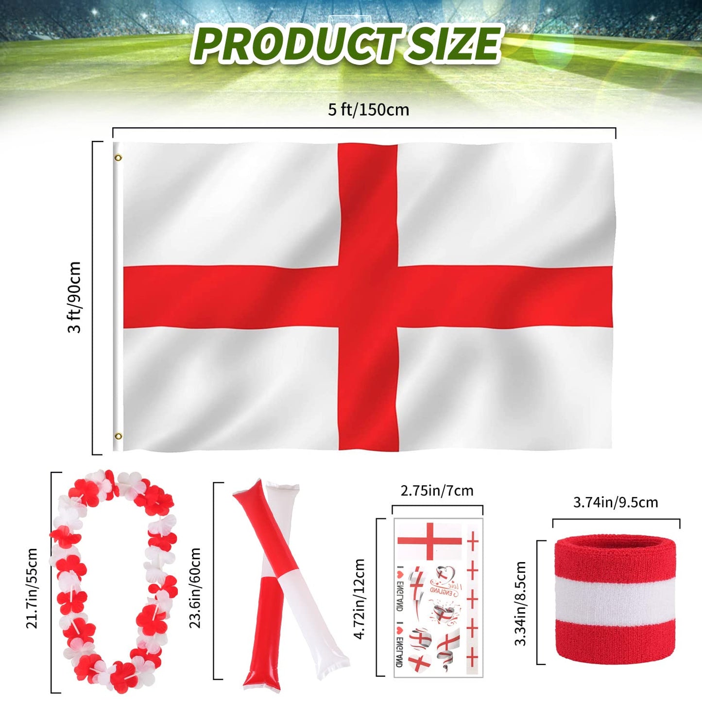 iZoeL Large England Flag 5ft x 3ft Wristbands Cheering Sticks Garlands Face Tattoo Stickers England Supporters Pack for World Cup Decorations 2022 - Indoor Outdoor House Garden School Bar