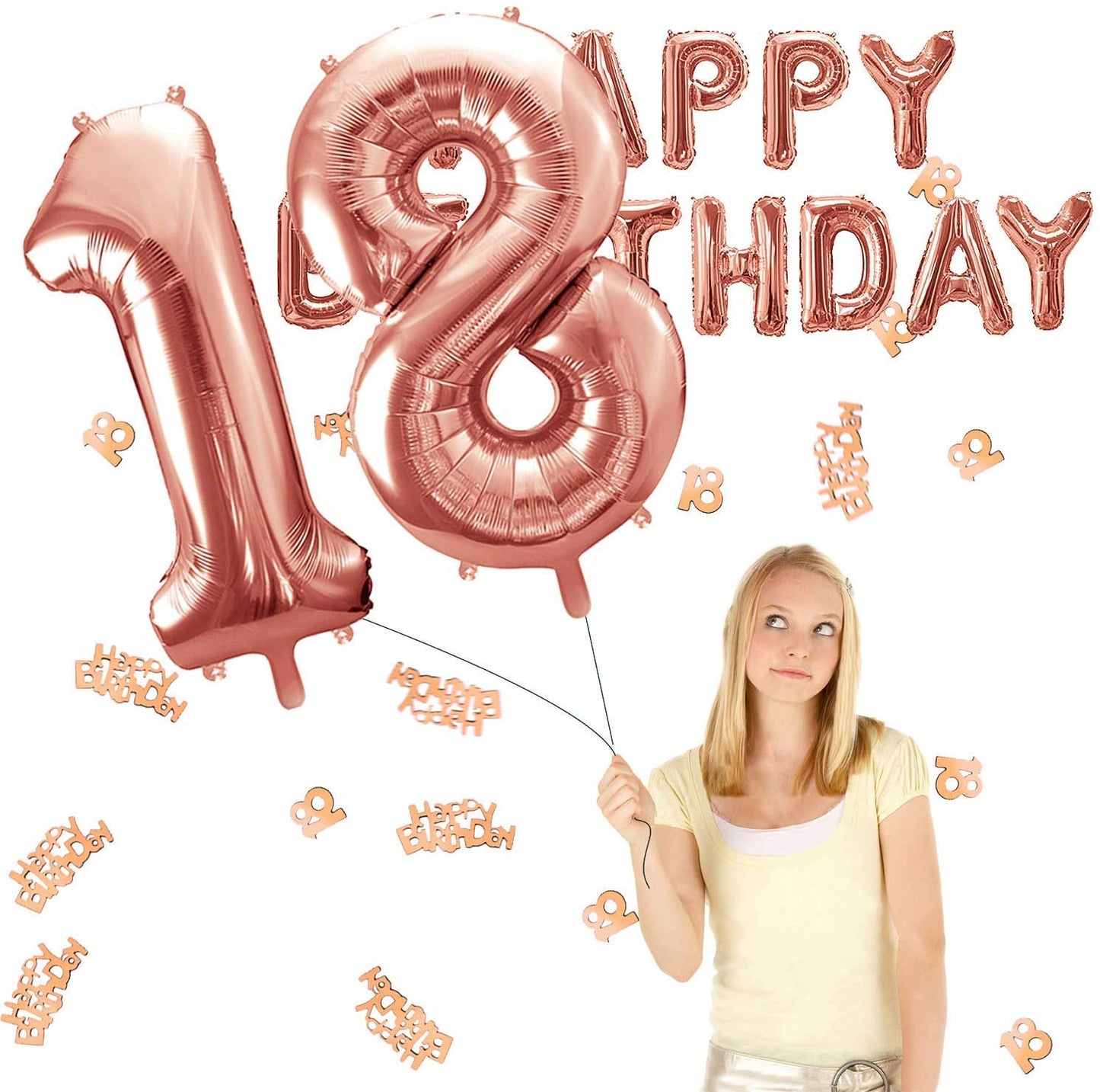 iZoeL 18th Rose Gold Birthday Party Decoration, Happy Birthday Banner, Helium Number Balloon 18 XXL, 2 Rose Gold Fringe Curtain, Latex Confetti Balloon, Table Confetti Girl Women