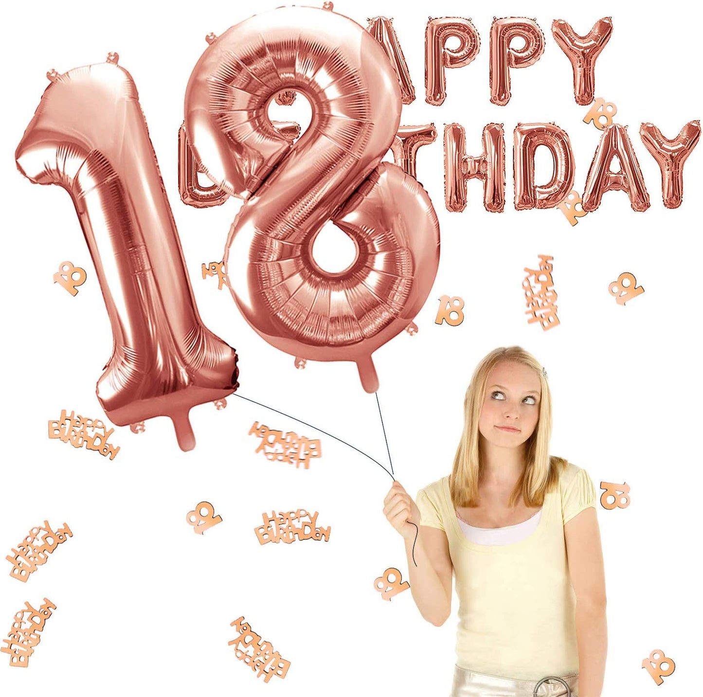 iZoeL Rose Gold 18th Birthday Decorations for Girls, 18th Happy Birthday Banner Balloon, XXL 18 Balloons 40inch, 2 Foil Curtain, 12inch Balloons 10g Table Confetti, for Quarantine Isolation Party