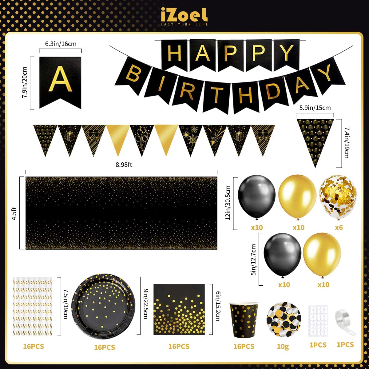 iZoeL Vaisselle Jetable Anniversaire Or Noir, Decoration Anniversaire Homme Femme, 46pcs Arche Ballon anniversaire Nappe Rideau Bruant Serviettes Assiettes Tasses Paille 10g Confettis
