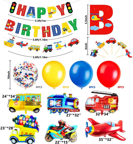 iZoeL Birthday Decoration for boys Happy Birthday Banner Cars School Bus Train Fire Truck Motorcycle Plane Balloons Transport Vehicles Cake Topper Kids 1st 2nd 3rd 4th