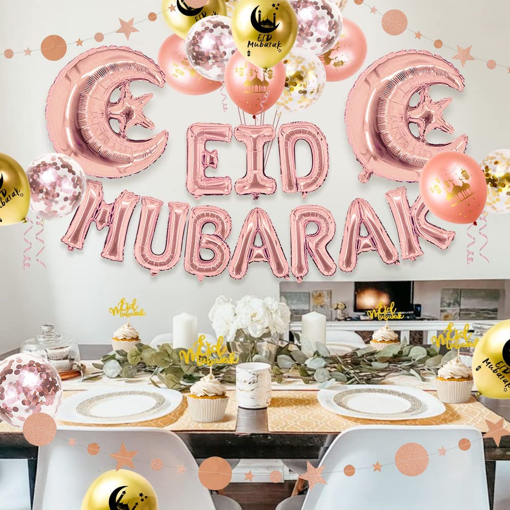 iZoeL EID Mubarak Decorations for Home Eid Decorations UK Eid Mubarak Balloon Mubarak Banner Eid Cake Topper Eid Balloons Star Garland for Home Restaurant Garden - Rose Gold and Gold