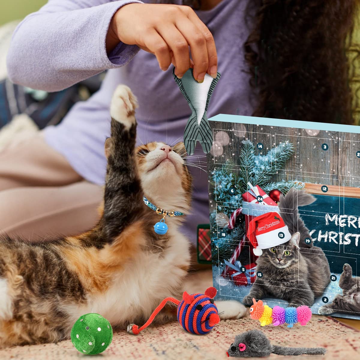 iZoeL Cat Advent Calendar 2022, 24 Pcs Interactive Cat Toys for Indoor Cats - Christmas Cat Collars Cat Bow Tie Feather Toys for Cats, Fish Fake Mouse Bell Balls for Cat