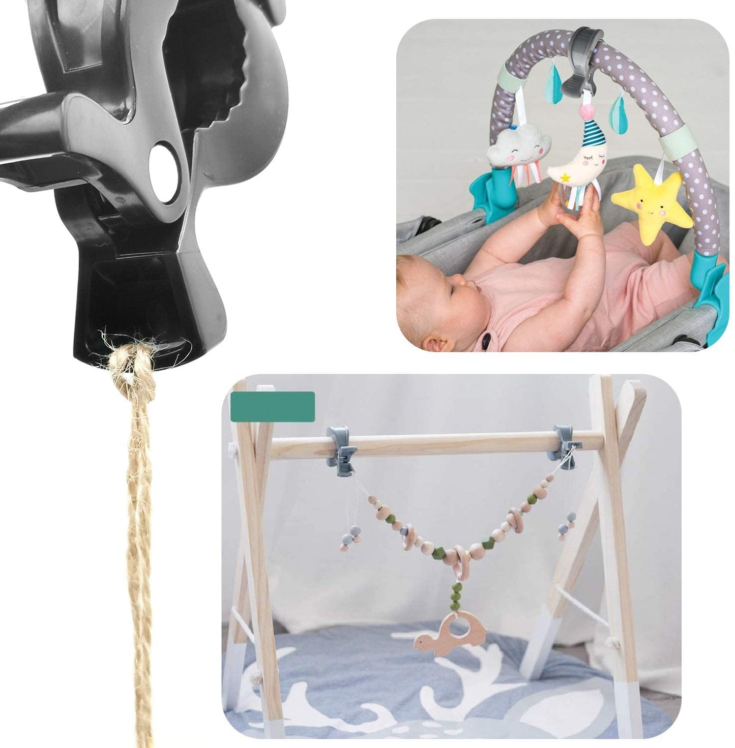 iZoeL Stroller Hooks & Buggy Clip Set 6 Clips Clasps & 2 Hooks Gripper to Hook Muslin Blankets Toys Nursing Cover, Pram Toy Holder, Blanket Clamp (2 black+2 grey+2 white)