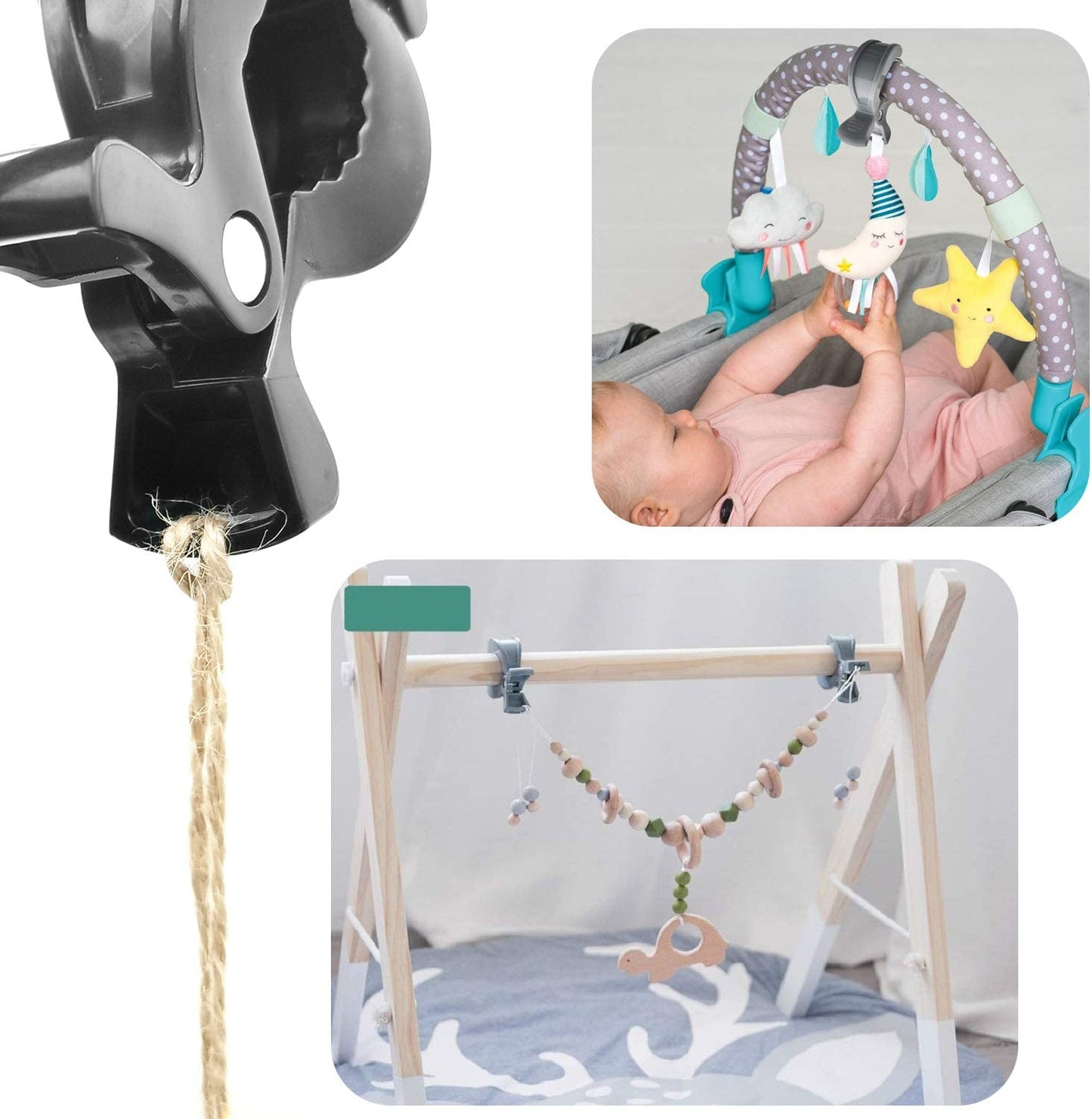 iZoeL Stroller Hooks & Buggy Clip Set 6 Clips Clasps & 2 Hooks Gripper to Hook Muslin Blankets Toys Nursing Cover, Pram Toy Holder, Blanket Clamp (2 black+2 grey+2 white)