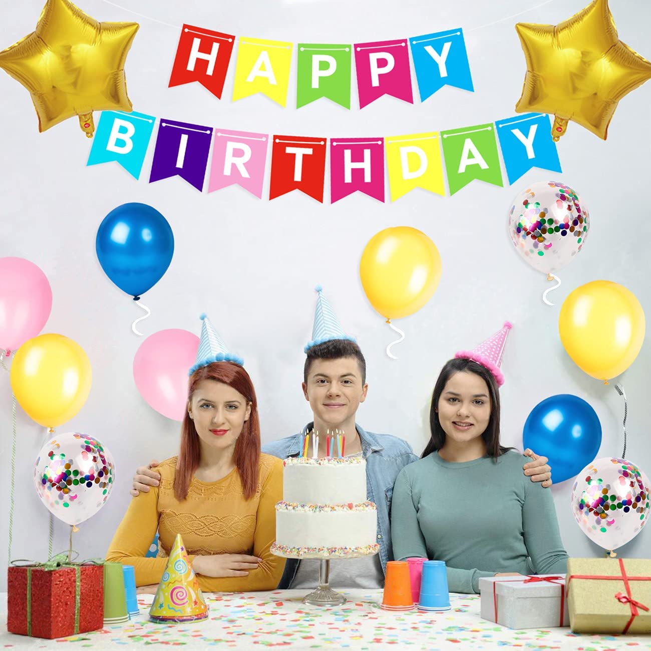 iZoeL Birthday Decoration for Girls, Happy Birthday Banner, Confetti Balloons, Big Star Balloons, for Women Her Birthday Party Supplies Baby Shower