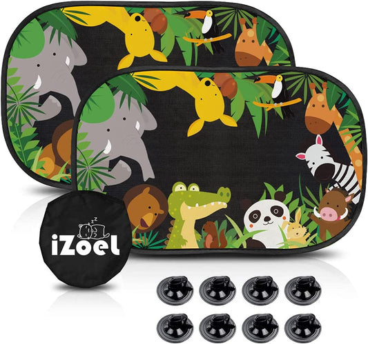 iZoeL Baby Sun Shade with UV Protection, Pack of 2 Sun Visors for Children with 8 Suction Cups, Shade Car Window Side Window Motif Animals (Jungle Animals)