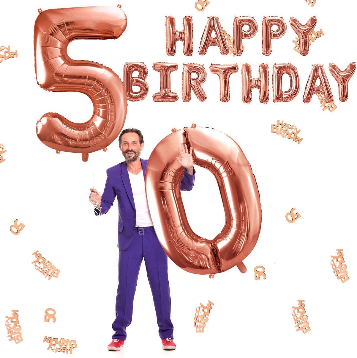 iZoeL 50th Rose Gold Birthday Party Decoration Happy Birthday Banner Helium Number 50 XXL, 2 Rose Gold Fringe Curtain Latex Confetti Balloon Table Confetti Girl Women Anniversary