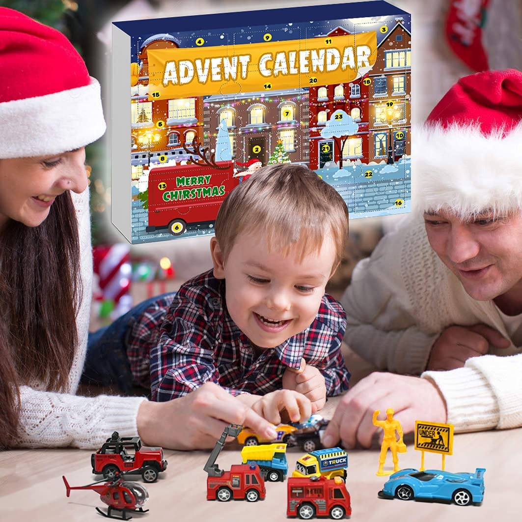 iZoeL Cars Advent Calendar Boy Kids 2021, 24 Pull Back Vehicles as Construction Vehicles School Cars with Game Map for Son Grandson - 24 Christmas Countdown Days to Holiday, Xmas Surprise Gift