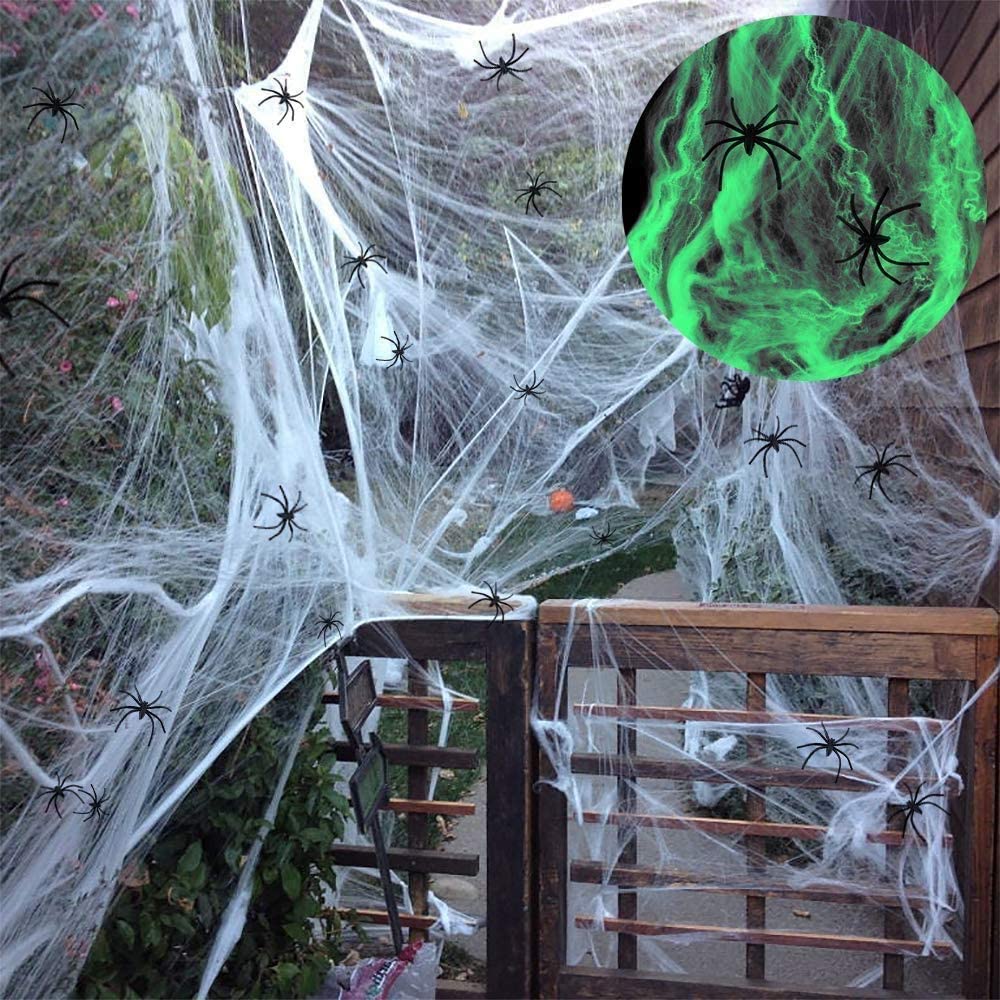 iZoeL 1000sqft Stretchable Spider Web Glow in the Dark with 90pcs Plastic Spider White Cobweb for Halloween Decoration Night Party Decoration - 300 Gram (Night Luminous Spider Web)