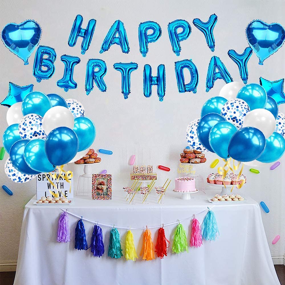 iZoeL Blue Birthday Decoration for Boys, Happy Birthday Banner, Foil Fringe Curtain Tablecloth, Heart Star Confetti Balloons with 10g Birthday Table Confetti for Baby Shower Men Kids