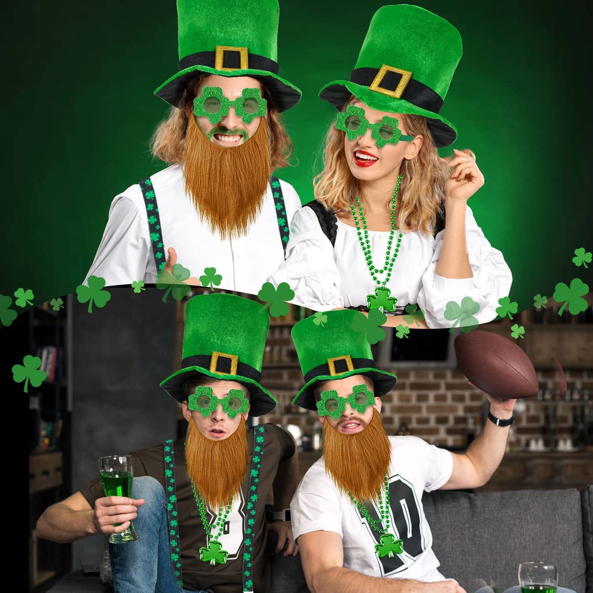 iZoeL St Patricks Day Accessories, Leprechaun Costume St Patricks Day Hat Suspenders Shamrock Glasses Clover Necklaces Irish Fancy Dress Outfits - Men Women kids