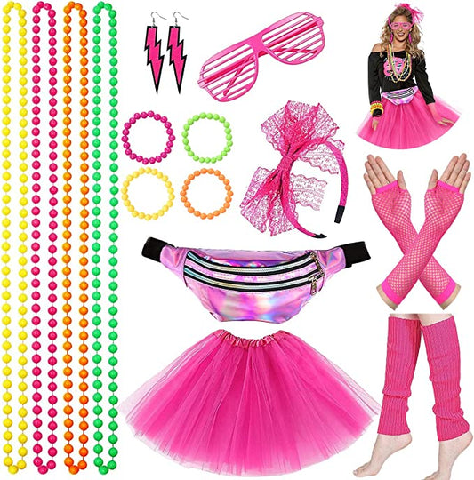 iZoeL 80s Fancy Dress for Women Halloween Costumes for Girls 80s Accessories 80s Costume80s Outfits - Waist Packs Tutu Skirt 4 Layers, Headband Leg Warmers Necklace Bracelets Rose Red