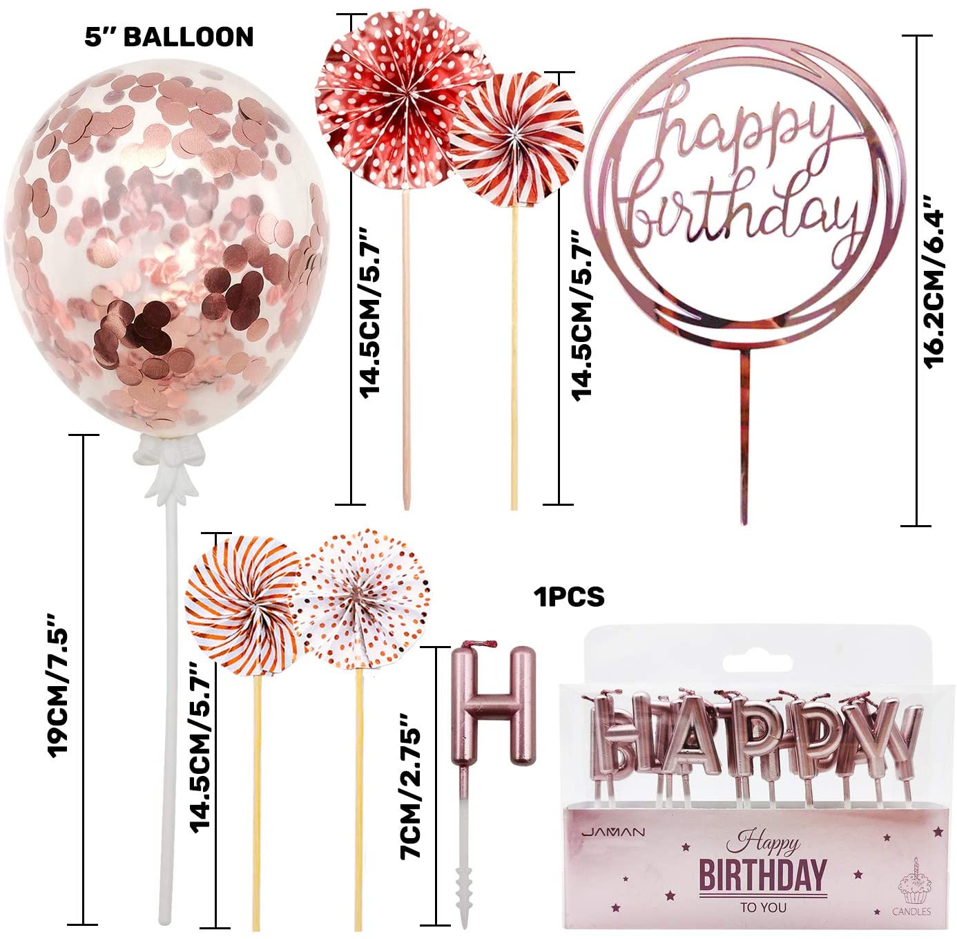 iZoeL Rose Gold Cake Topper Happy Birthday Cake Decoration Rose Gold Candles for Girls Women Confetti Balloon Paper Fans Cupcake Topper for Rose Gold Theme Birthday Cake Decor