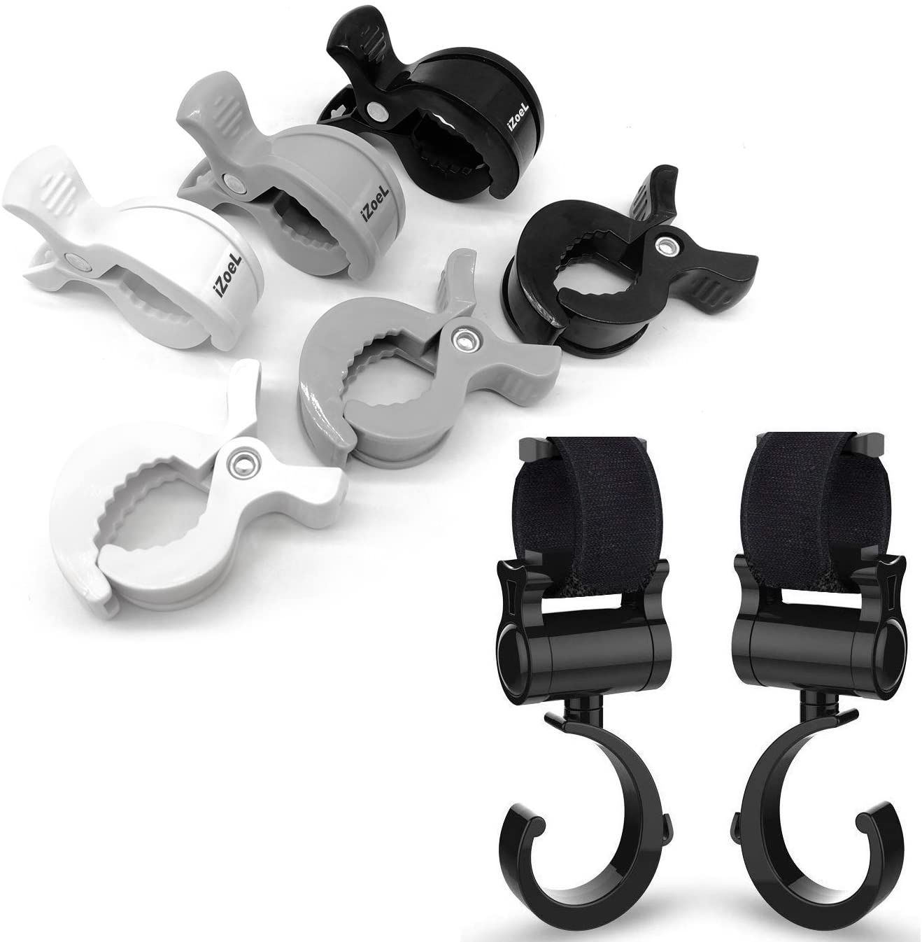 iZoeL Buggy Grippers & Pram Clips Set 6 Stoller Clips & 2 Hooks Pram Muslin Blanket Clamps Stroller Pegs to Hook Toys Cover Toys