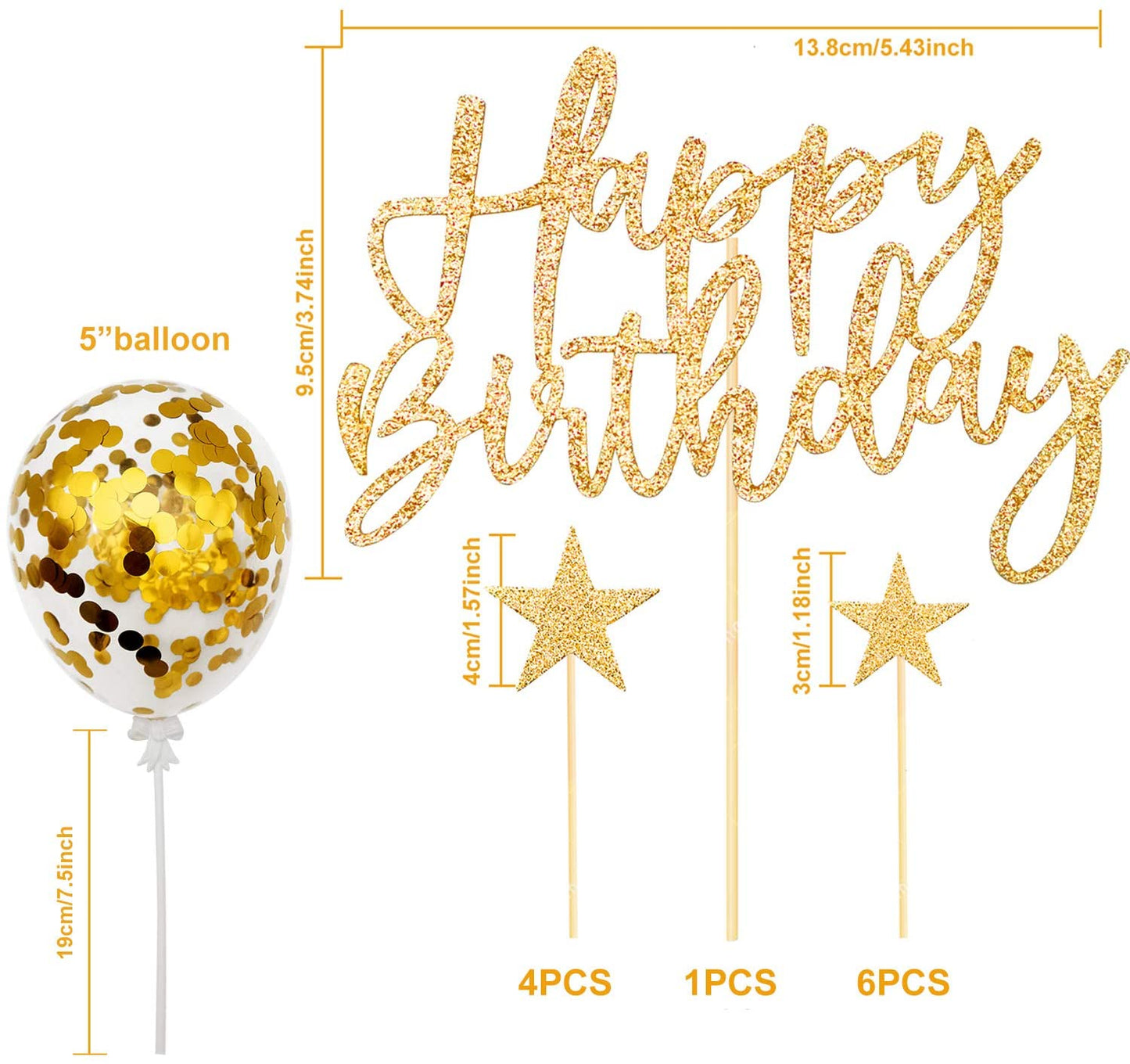 iZoeL Gold Cake Decoration Confetti Balloon Cake Topper Gold Happy Birthday Cake Topper Stars Heart Cupcake Topper for Women Man Boys Girls (gold)