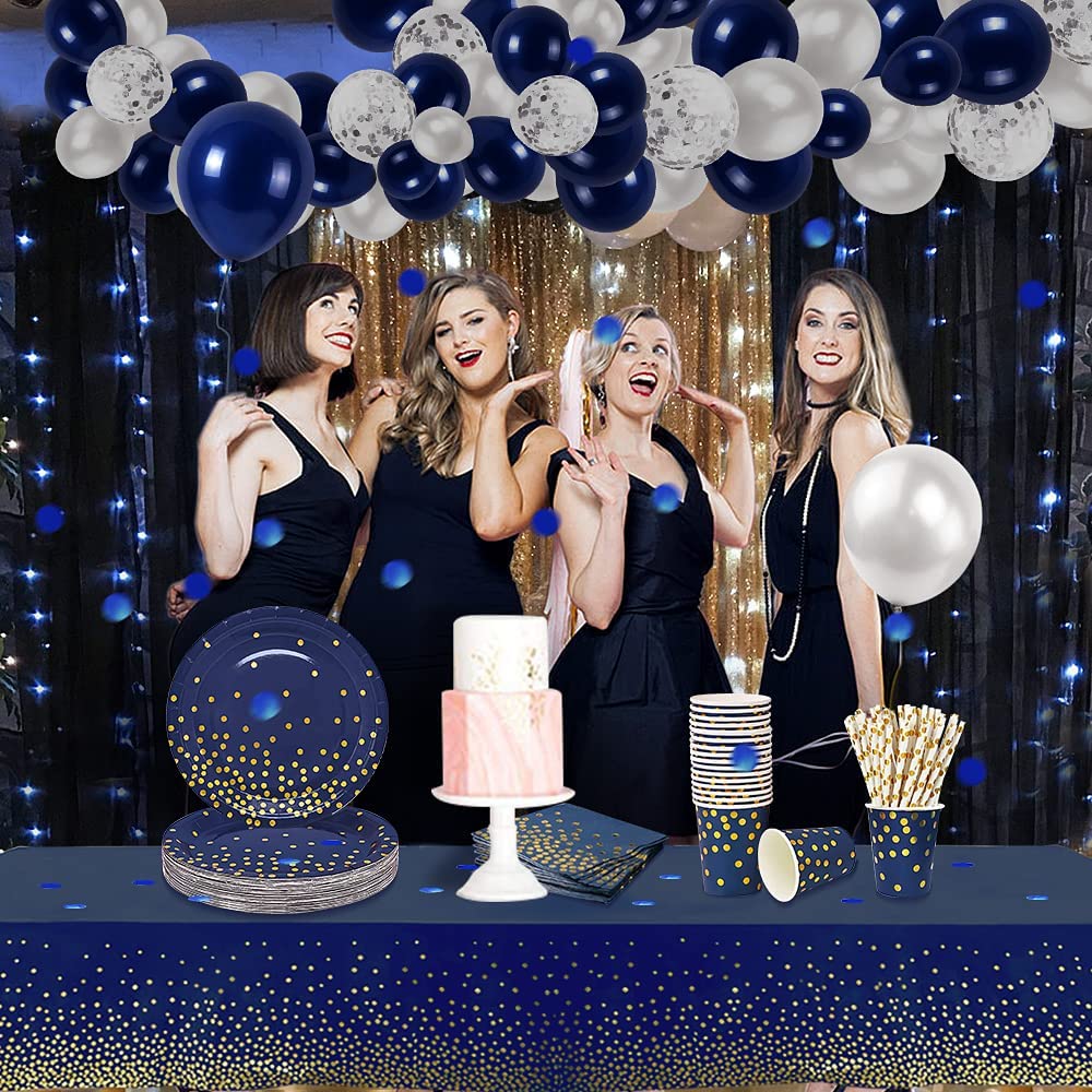 iZoeL Navy Blue Birthday Decoration Party Tableware Birthday Balloon Arch Kit - 16Guests, Party Supplies Happy Birthday Banner, Tablecloth Paper Plates Napkins Cups Straws 10g Confettis