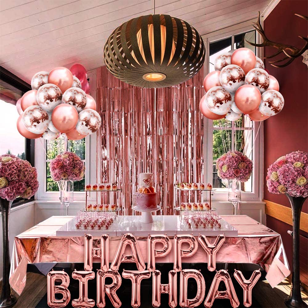 iZoeL Rose Gold Birthday Party Decoration for Girls Women Happy Birthday Banner, Rose Gold Fringe Curtain Foil Tablecloth, Heart Star Confetti Balloons and 10g Table Confetti