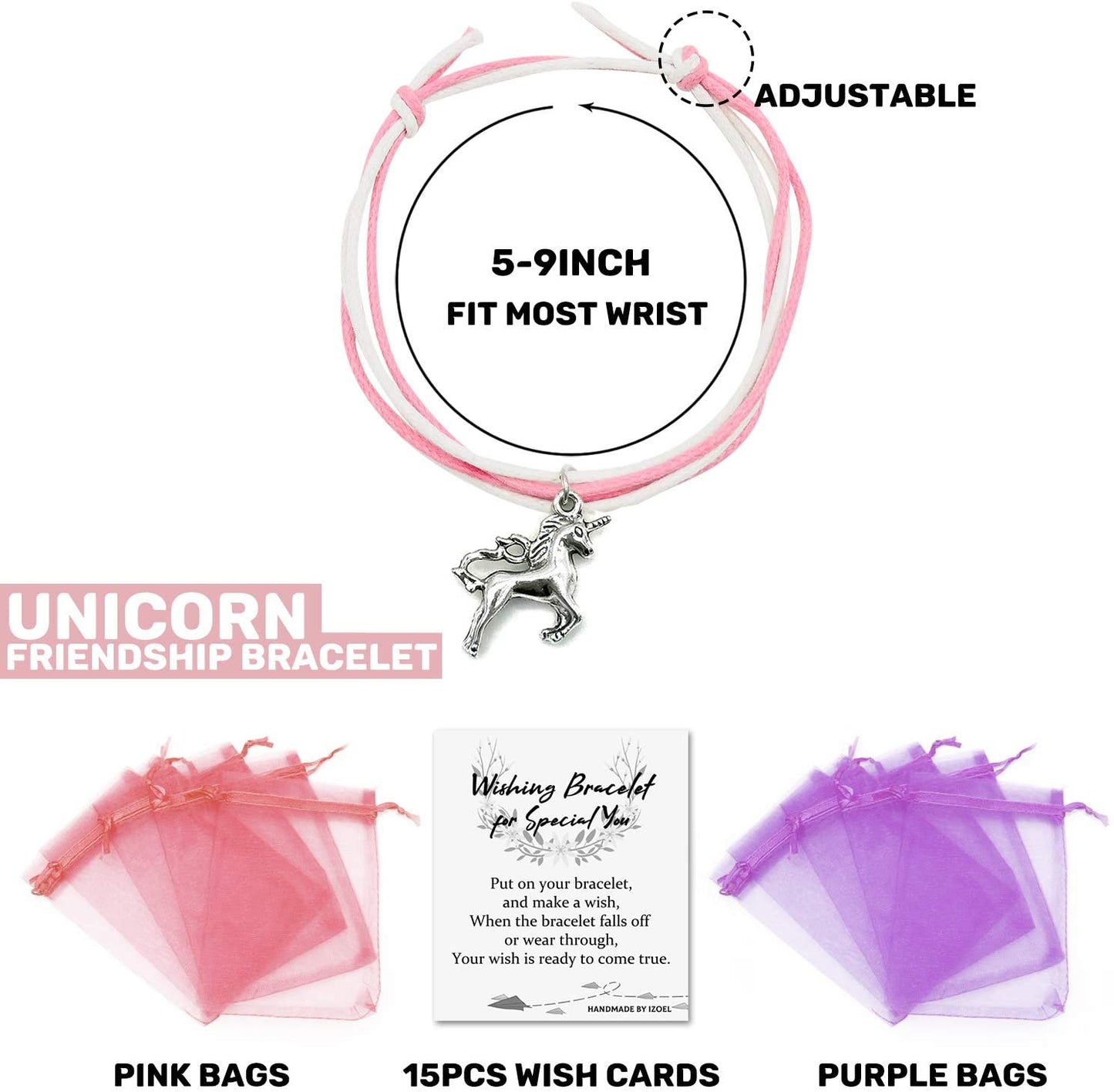 iZoeL 15 x Wish Bracelets Unicorn Bracelet, Wedding Baby Shower Guest Gift Birthday Friend presents Party Bag Favours with 15 Organza Bags and 15 Gift Cards for Kid Adult