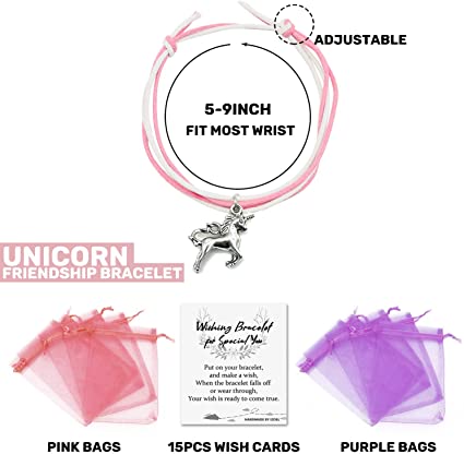 iZoeL 15 x Wish Bracelets Unicorn Bracelet, Wedding Baby Shower Guest Gift Birthday Friend presents Party Bag Favours with 15 Organza Bags and 15 Gift Cards for Kid Adult