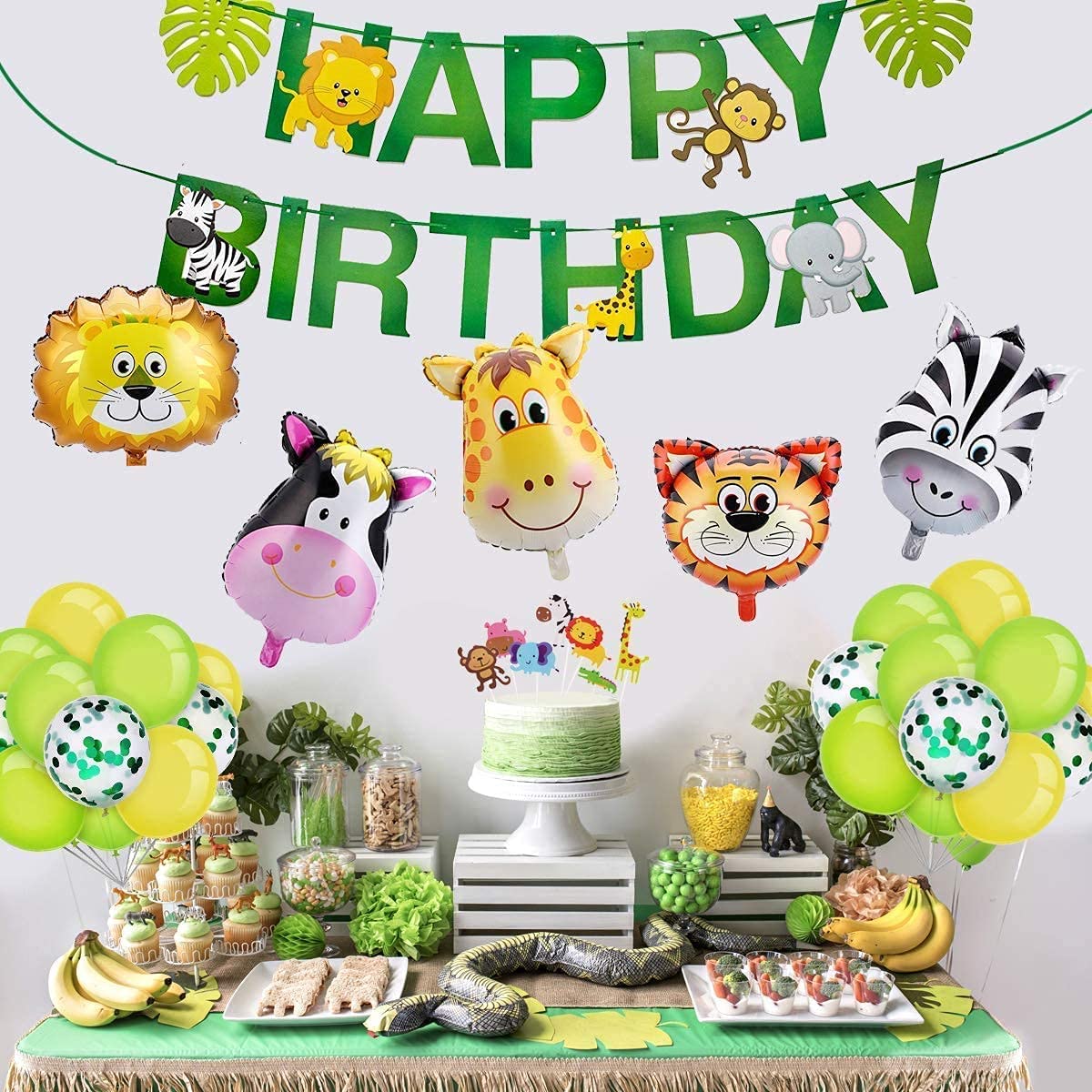 iZoeL Jungle Animals Birthday Party Decorations for Boys Kids Girls, Happy Birthday Banner Animal Balloon Latex Balloons Animal Cake Toppers for 1st 2nd 3rd 4th 5th 6th 7th Jungle Themed Party