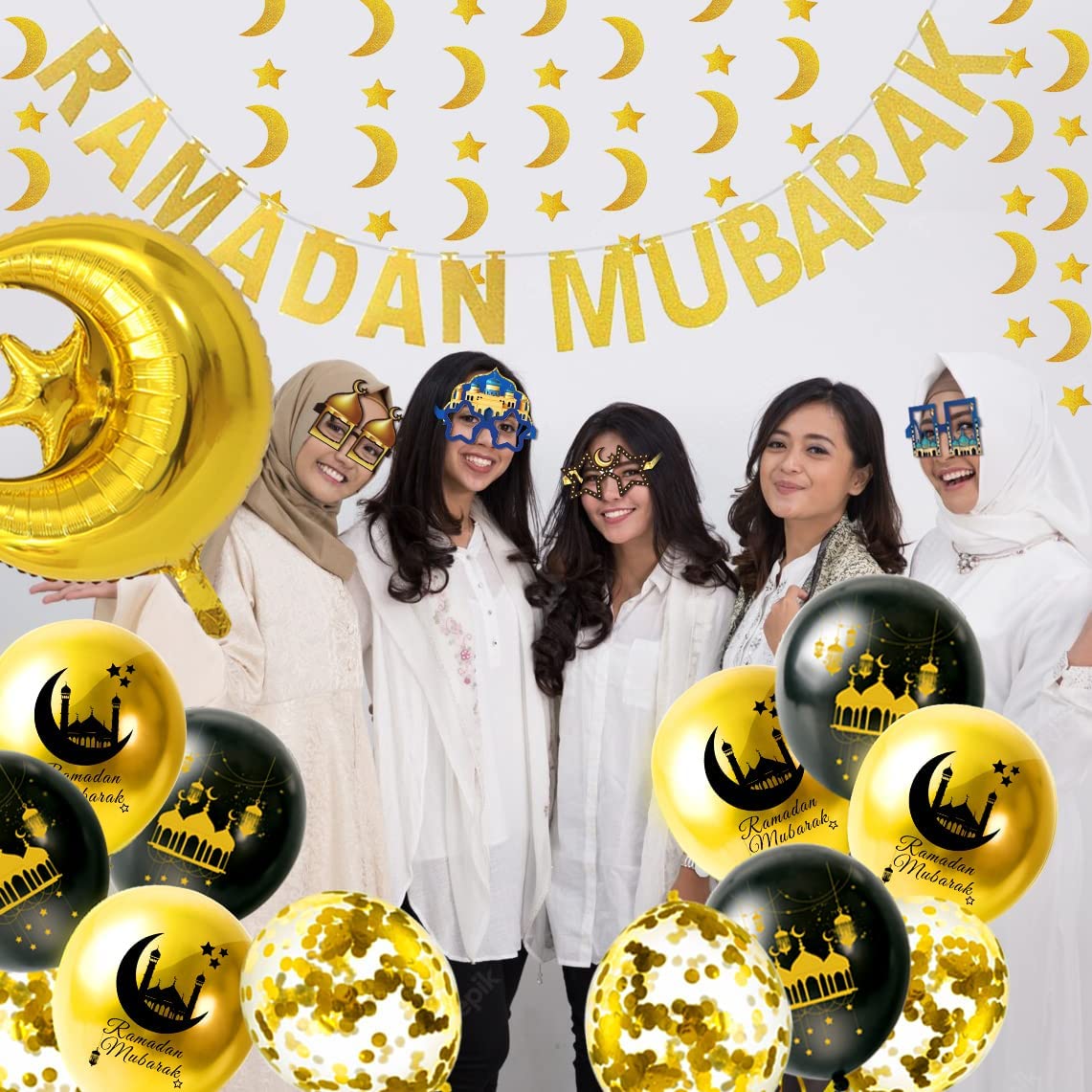 iZoeL Ramadan Decorations for Home Ramadan Mubarak Decor Eid Decorations Ramadan Balloons Banner Moon Star Garland Party Glasses Photo Booth Props for Restaurant Garden Decor