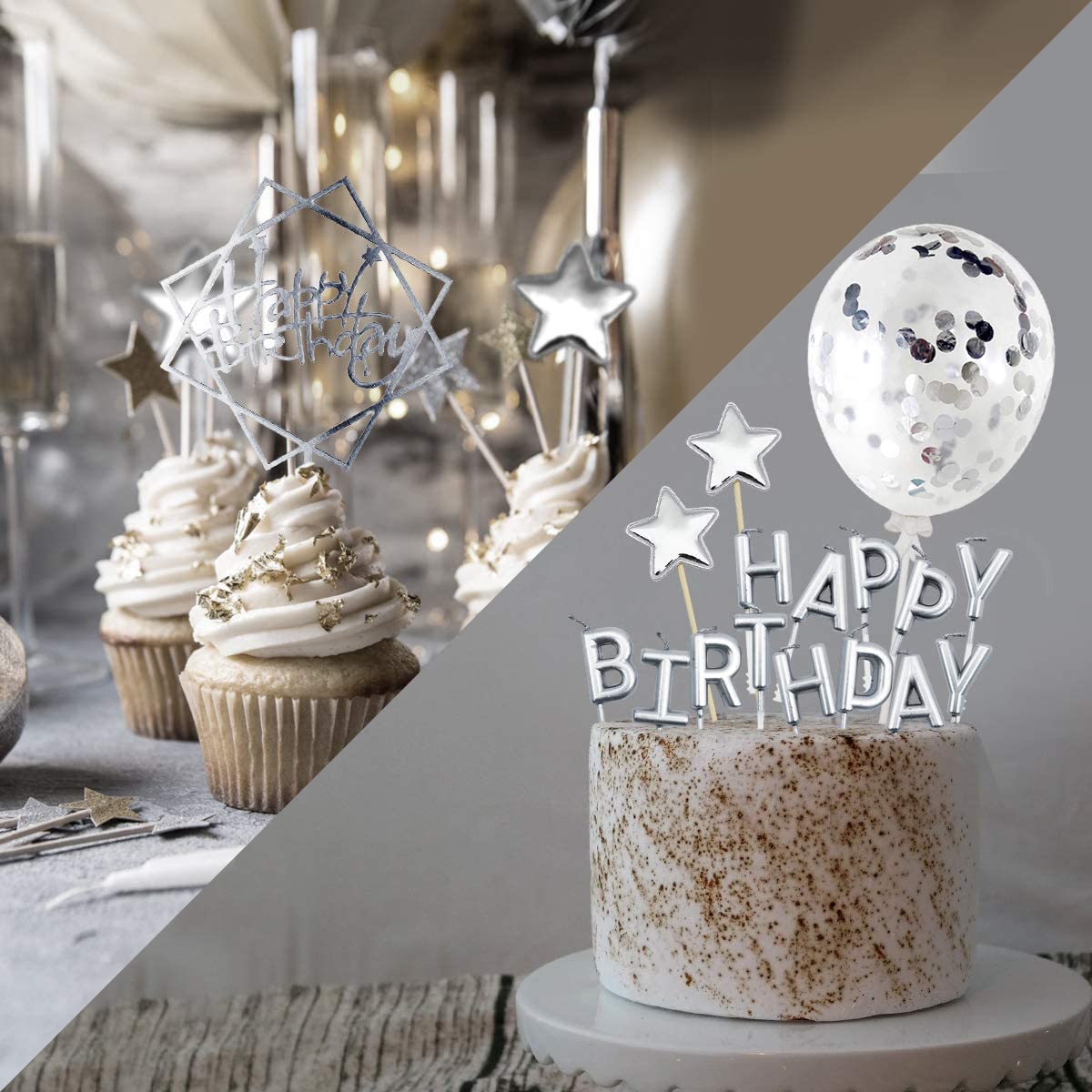 iZoeL Silver Cake Decoration Silver Happy Birthday Candles Happy Birthday Banner Confetti Balloon Stars Cake Topper For Silver Theme Party Decor Girl Kid Women Birthday Party Baby Shower Anniversary