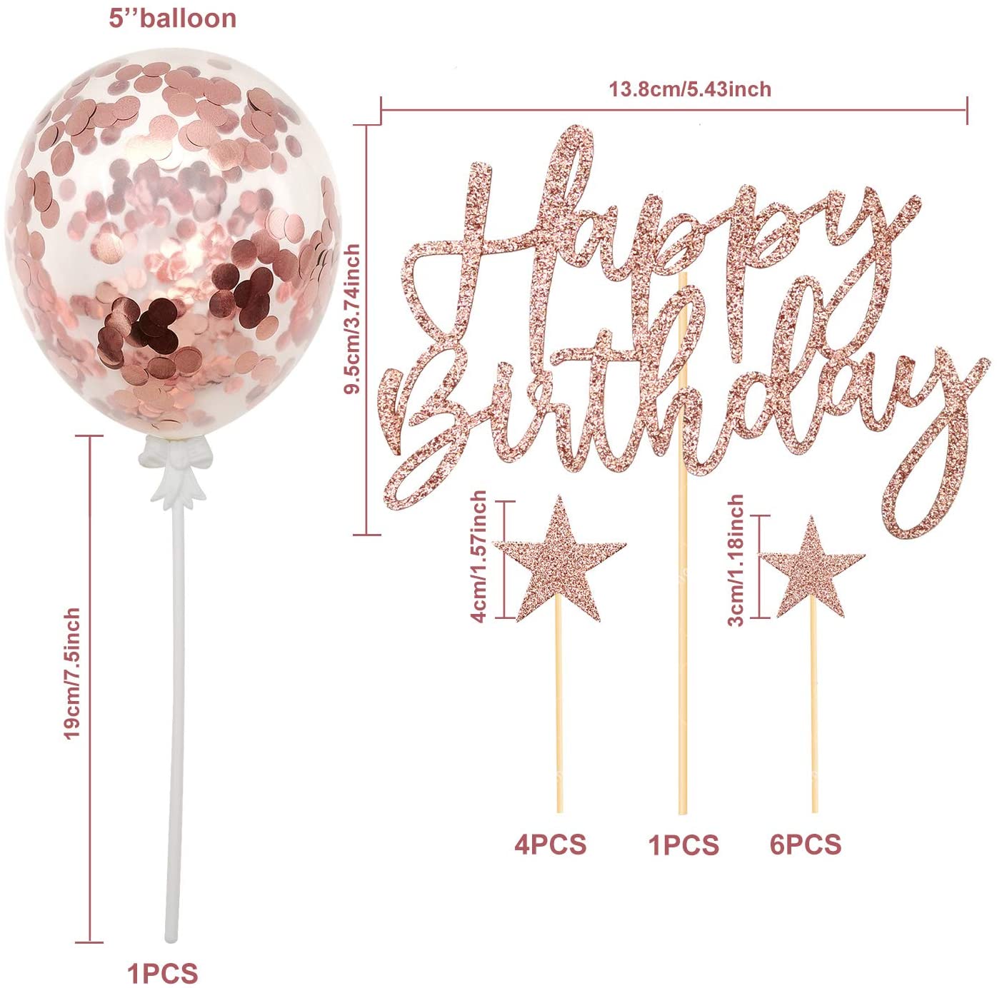 iZoeL Rose Gold Cake Decoration Confetti Balloon Cake Topper 5inch for Women Girls Rose Gold Happy Birthday Banner Stars Heart Cupcake Topper (rose gold)