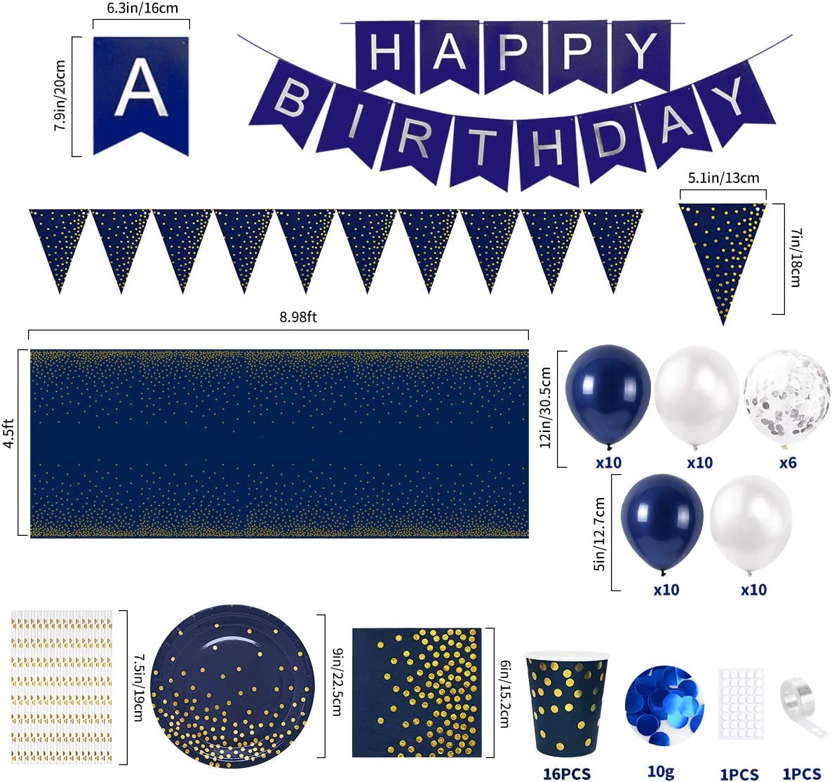 iZoeL Navy Blue Birthday Decoration Party Tableware Birthday Balloon Arch Kit - 16Guests, Party Supplies Happy Birthday Banner, Tablecloth Paper Plates Napkins Cups Straws 10g Confettis