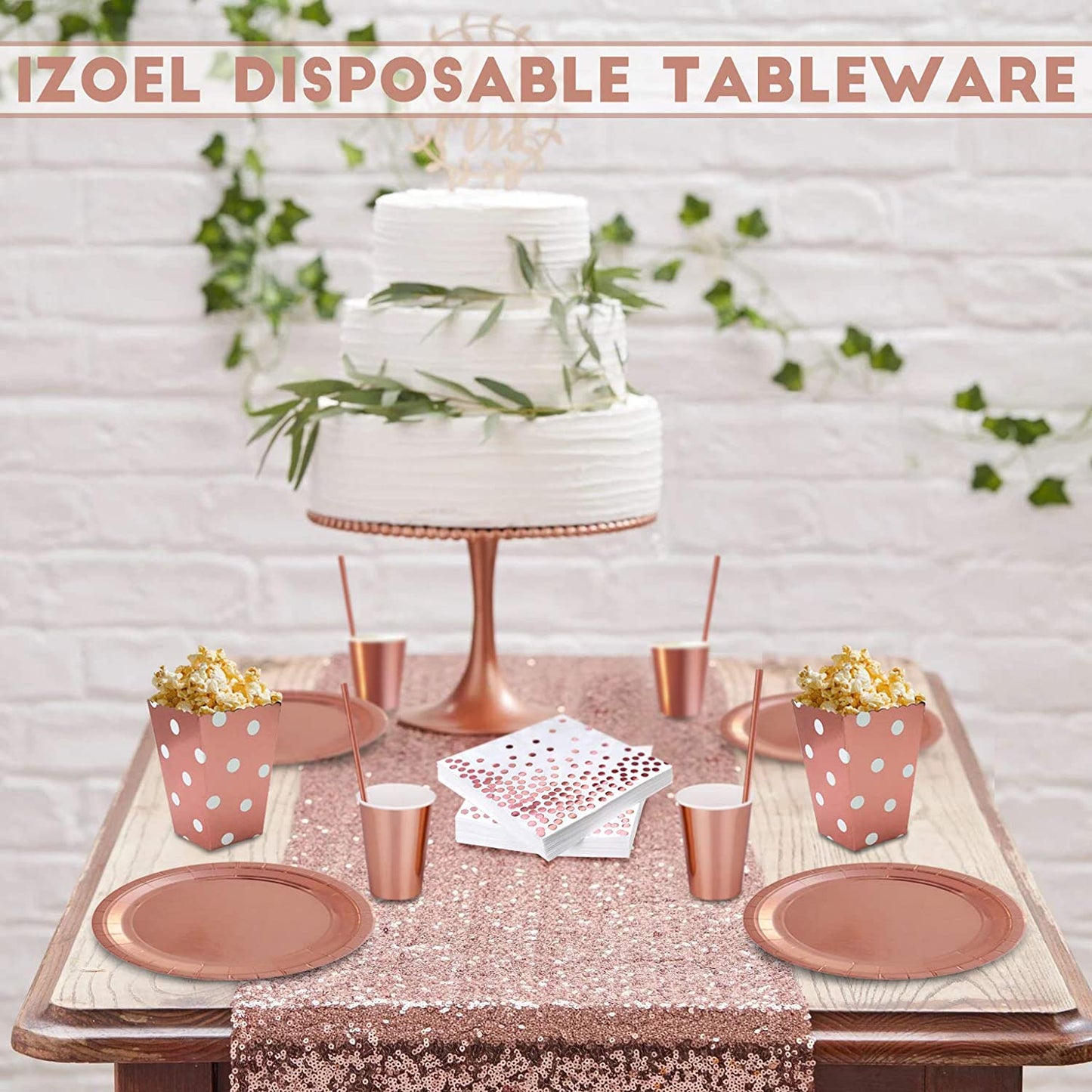 iZoeL 30 Guests Rose Gold Party Tableware Rose Gold Dinnerware Foil Tablecloth Paper Plates Napkins Popcorn Boxes Cups Straws Party Supplies for Birthday Bridal Wedding Anniversary
