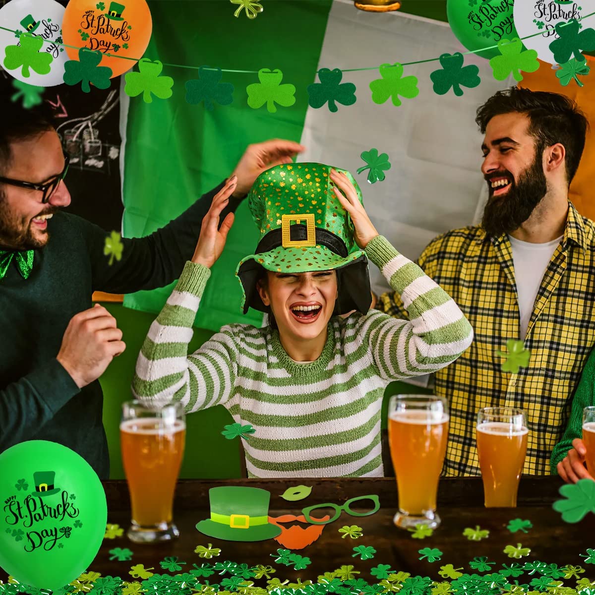 iZoeL St Patricks Day Decorations St Patricks Day Accessories, Irish Flag Bunting St Patricks Day Balloons Photo Booth Props Shamrocks Confetti for Home Bar Irish Paddy's Day Outside Party Decoration