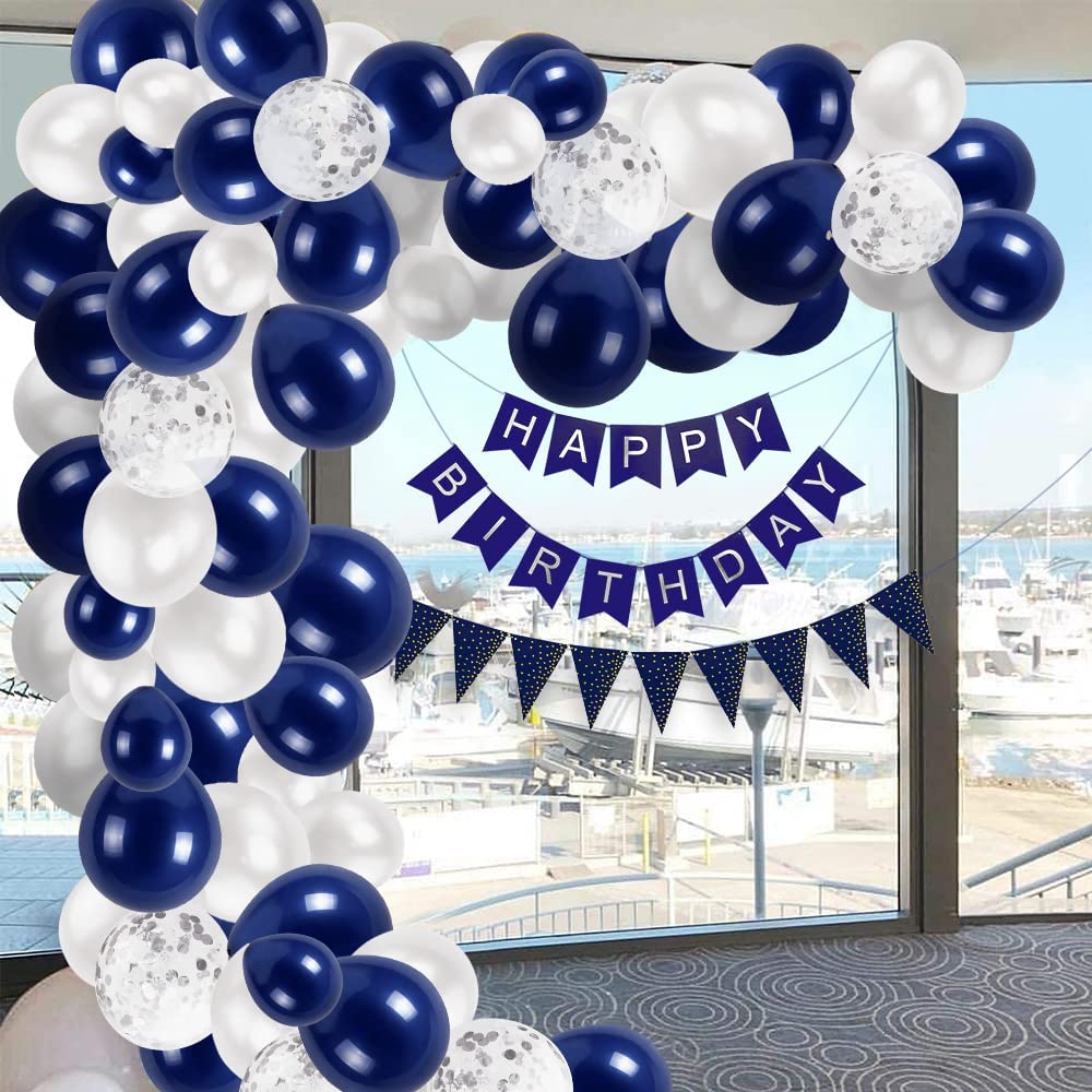 iZoeL Navy Blue Birthday Decoration Party Tableware Birthday Balloon Arch Kit - 16Guests, Party Supplies Happy Birthday Banner, Tablecloth Paper Plates Napkins Cups Straws 10g Confettis