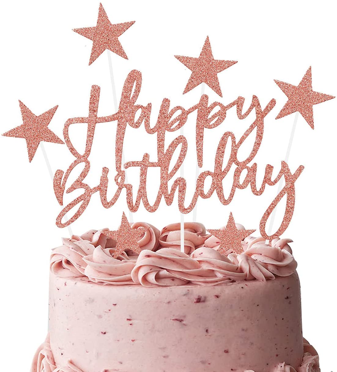 iZoeL 2 Sets Gold Cake Decoration Gold Cake Topper Happy Birthday Banner Confetti Balloon Stars Heart Cake Topper for Man Boys Women Girls Gold Theme Birthday Party Decor Hen Party (Rose gold)