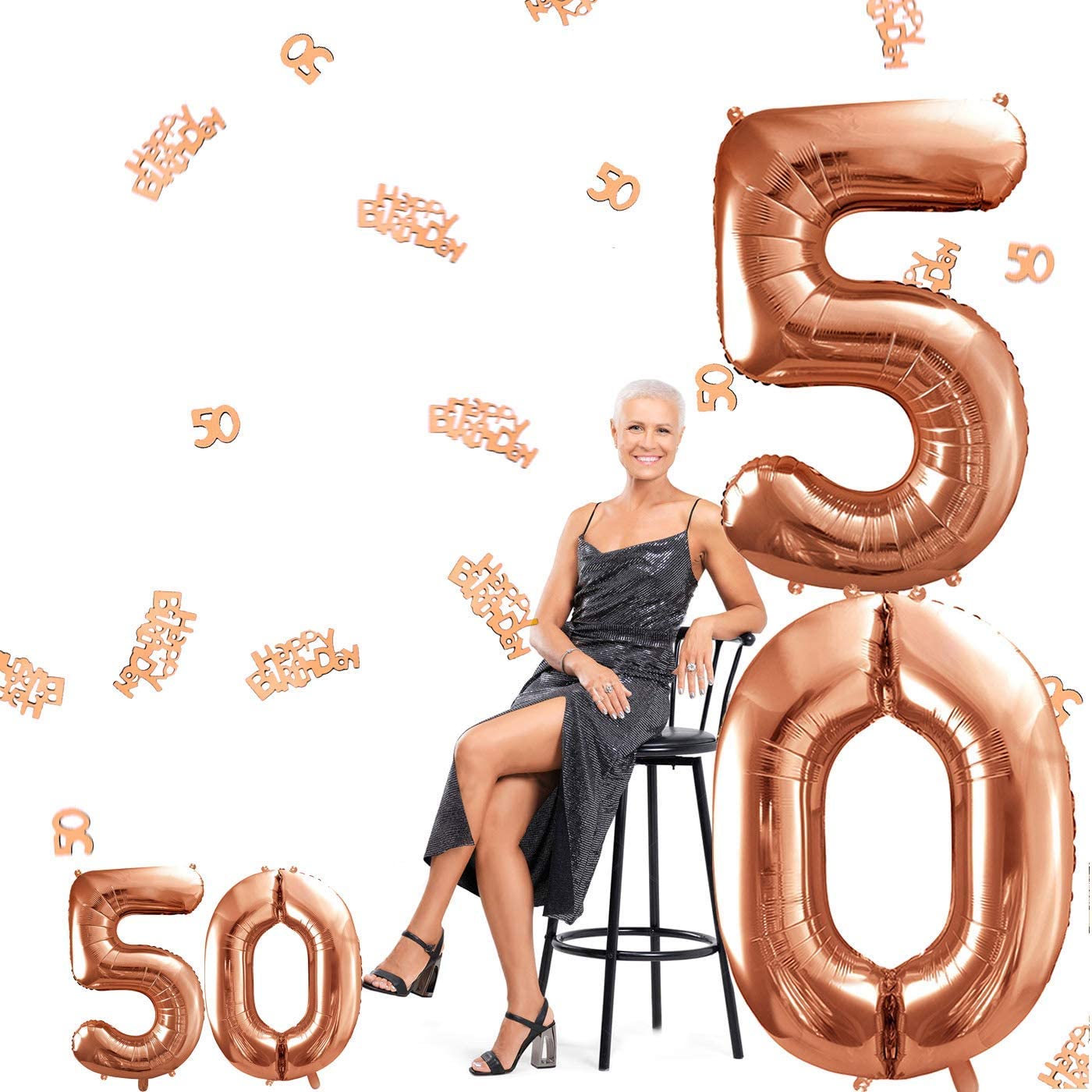 iZoeL Number 18/21/30/40/50/80 helium incl.4pcs XXL and Small Rose Gold balloon, 30g 50 Number Confetti,20g Happy Birthday Table Confetti, Birthday Anniversary Party Decoration(Rose Gold 50)